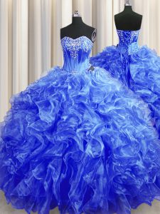 Royal Blue Lace Up Quinceanera Gowns Beading and Ruffles Sleeveless Sweep Train