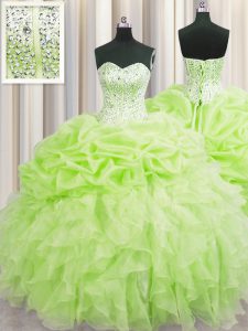 Pick Ups Visible Boning Floor Length Yellow Green 15 Quinceanera Dress Sweetheart Sleeveless Lace Up