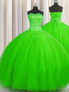 Puffy Skirt Ball Gowns Beading Quinceanera Dress Lace Up Tulle Sleeveless Floor Length