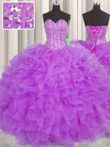 Visible Boning Purple Lace Up Quince Ball Gowns Beading and Ruffles and Sashes ribbons Sleeveless Floor Length