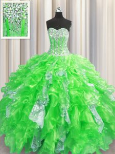 Charming Visible Boning Floor Length Quinceanera Gowns Organza and Sequined Sleeveless Beading and Ruffles and Sequins