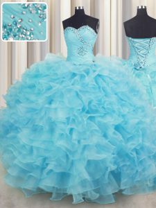 Glorious Floor Length Lace Up Quinceanera Gown Aqua Blue for Military Ball and Sweet 16 and Quinceanera with Beading and