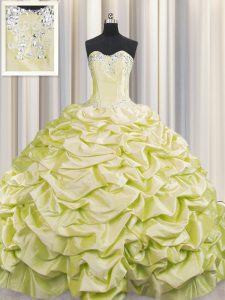 Trendy Brush Train Sleeveless Taffeta Sweep Train Lace Up Quinceanera Gowns in Light Yellow with Beading and Pick Ups
