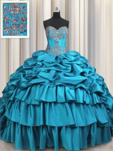 Fashionable Teal Ball Gowns Beading and Embroidery and Ruffled Layers and Pick Ups Sweet 16 Dress Lace Up Taffeta Sleeve