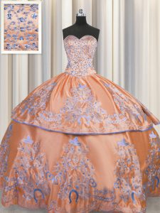 Sleeveless Taffeta Floor Length Lace Up Quinceanera Gown in Orange with Beading and Embroidery