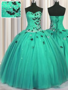 Turquoise Sweetheart Lace Up Beading and Appliques Quince Ball Gowns Sleeveless