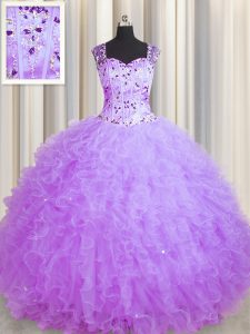 Top Selling See Through Zipper Up Purple Zipper 15th Birthday Dress Beading and Ruffles Sleeveless Floor Length