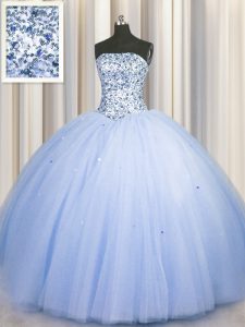 Dramatic Big Puffy Beading and Sequins Sweet 16 Dresses Blue Lace Up Sleeveless Floor Length