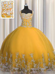 Customized Gold Tulle Lace Up 15th Birthday Dress Sleeveless Floor Length Beading and Appliques