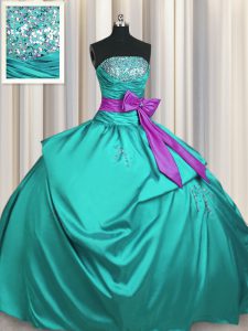 Turquoise Taffeta Lace Up Strapless Sleeveless Floor Length Quinceanera Gown Beading and Ruching and Bowknot