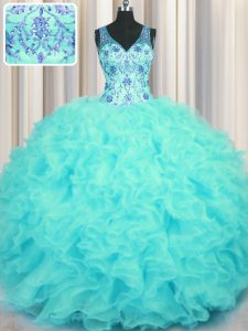 Aqua Blue Ball Gowns V-neck Sleeveless Organza Floor Length Zipper Beading and Appliques and Ruffles Sweet 16 Dresses