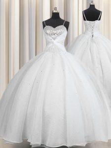 Noble Spaghetti Straps Sleeveless Quinceanera Dress Floor Length Beading and Ruching White Organza