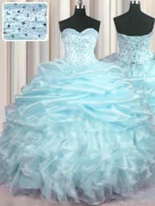 Sumptuous Light Blue Organza Lace Up Sweetheart Sleeveless With Train 15 Quinceanera Dress Brush Train Beading and Ruffl