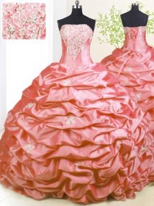 Simple Pink Sleeveless Sweep Train Beading and Pick Ups With Train Quinceanera Gown