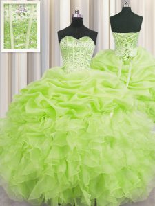 Nice Visible Boning Yellow Green Lace Up Quinceanera Gowns Beading and Ruffles and Pick Ups Sleeveless Floor Length
