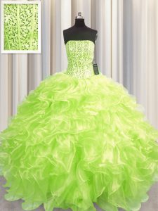 Nice Visible Boning Floor Length Yellow Green Ball Gown Prom Dress Organza Sleeveless Beading and Ruffles