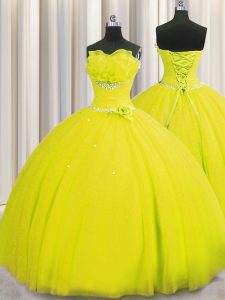 Handcrafted Flower Yellow Ball Gowns Tulle Strapless Sleeveless Beading and Sequins and Hand Made Flower Floor Length La