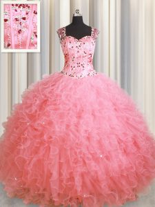 Best Selling See Through Zipper Up Pink Sleeveless Organza Zipper Ball Gown Prom Dress for Military Ball and Sweet 16 an