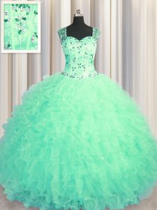 Smart See Through Zipper Up Sleeveless Floor Length Beading and Ruffles Zipper 15 Quinceanera Dress with Turquoise