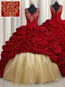Fantastic Red Lace Up V-neck Beading and Appliques and Pick Ups Quinceanera Dress Taffeta Sleeveless Sweep Train