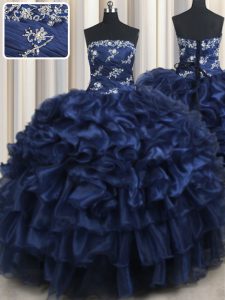 Navy Blue Lace Up Ball Gown Prom Dress Appliques and Ruffles and Pick Ups Sleeveless Floor Length
