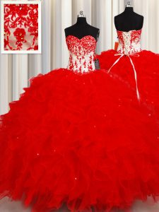Red Quinceanera Gowns Military Ball and Sweet 16 and Quinceanera and For with Beading and Appliques and Ruffles and Sequ