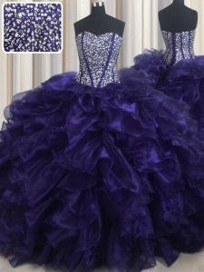 High End Purple Sweetheart Lace Up Beading and Ruffles Sweet 16 Dresses Brush Train Sleeveless