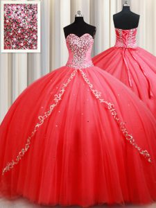 Coral Red Sleeveless Beading and Appliques Floor Length 15 Quinceanera Dress
