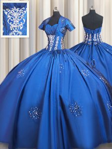 Dazzling Blue Lace Up Sweetheart Beading and Appliques Quinceanera Dress Taffeta Short Sleeves