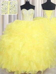 Yellow Lace Up Vestidos de Quinceanera Beading and Ruffles Sleeveless Floor Length