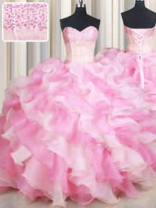 Customized Sweetheart Sleeveless Lace Up Quinceanera Dress Pink And White Organza