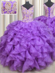 Purple Organza Lace Up Quinceanera Dress Sleeveless Floor Length Beading and Appliques and Ruffles