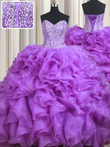 Lilac Lace Up Sweetheart Beading and Ruffles Sweet 16 Quinceanera Dress Organza Sleeveless Sweep Train