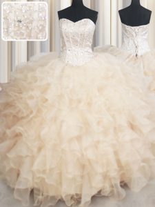 Champagne Ball Gowns Sweetheart Sleeveless Organza Floor Length Lace Up Beading and Ruffles 15th Birthday Dress