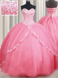 Organza Sweetheart Sleeveless Brush Train Lace Up Beading and Appliques Quinceanera Dress in Watermelon Red