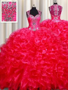 Red Zipper Straps Beading and Ruffles Quince Ball Gowns Organza Sleeveless