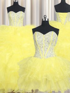 Sumptuous Three Piece Ball Gowns Ball Gown Prom Dress Yellow Sweetheart Organza Sleeveless Floor Length Lace Up