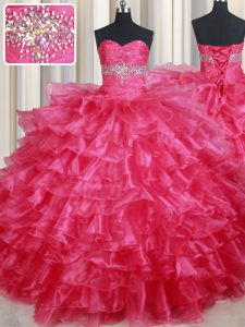 Suitable Coral Red Organza Lace Up Sweetheart Sleeveless Floor Length Vestidos de Quinceanera Ruffled Layers