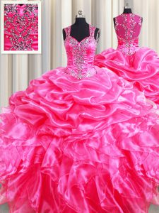 Enchanting Straps Organza Sleeveless Floor Length Quinceanera Gowns and Beading and Ruffles and Pick Ups