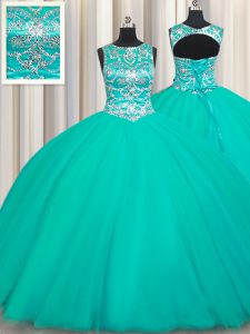 Turquoise Tulle Lace Up Scoop Sleeveless Floor Length Sweet 16 Quinceanera Dress Appliques