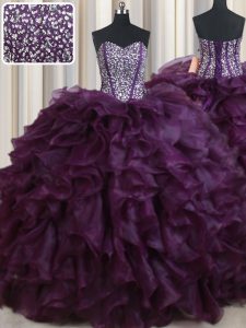 Dark Purple Sleeveless Floor Length Beading and Ruffles Lace Up Sweet 16 Dress