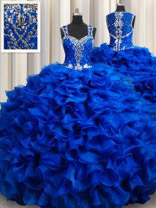 Discount Straps Royal Blue Sleeveless Organza Lace Up Sweet 16 Dress for Military Ball and Sweet 16 and Quinceanera