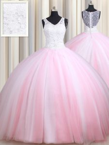 Straps Sleeveless Floor Length Lace Zipper Quinceanera Dresses with Pink And White