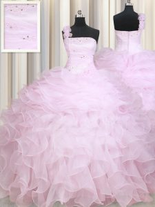 Trendy One Shoulder Beading and Ruffles Quinceanera Dress Baby Pink Zipper Sleeveless Floor Length