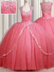 Excellent Watermelon Red Tulle Zipper Straps Cap Sleeves Sweet 16 Quinceanera Dress Sweep Train Beading and Appliques