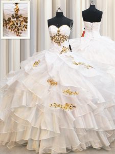 Glittering White Sleeveless Beading and Ruffled Layers Floor Length Quince Ball Gowns