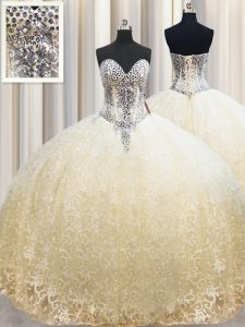 Pretty Champagne Organza Lace Up Sweetheart Sleeveless Floor Length Ball Gown Prom Dress Beading and Appliques