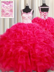 Beautiful Straps Floor Length Ball Gowns Sleeveless Hot Pink Ball Gown Prom Dress Lace Up
