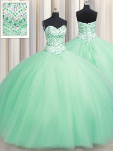 Apple Green Ball Gowns Tulle Sweetheart Sleeveless Beading Floor Length Lace Up 15th Birthday Dress