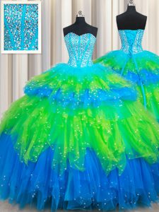 Multi-color Tulle Lace Up Sweetheart Sleeveless Floor Length Quinceanera Gown Beading and Ruffled Layers
